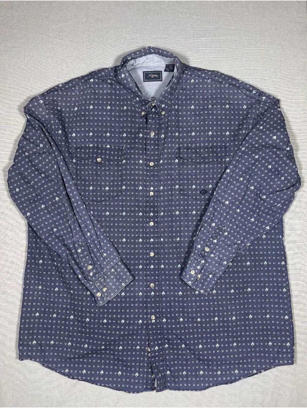 Roper Vintage Western Mens 3XLT Blue Horseshoe Horse Long Sleeve Button Down